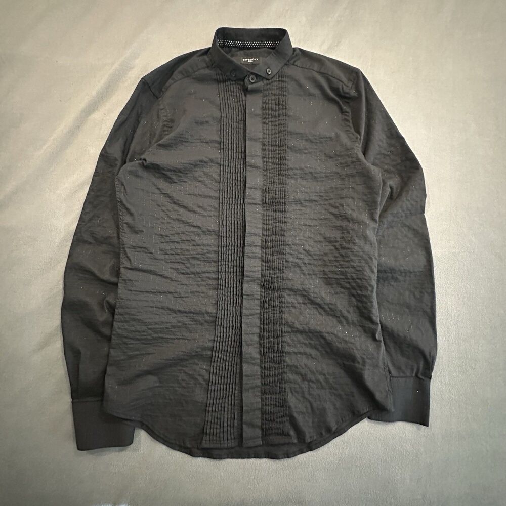 Givenchy Dress Shirt Pleated Bib Mens 15.5 39 Black Sparkle Band Collar Designer